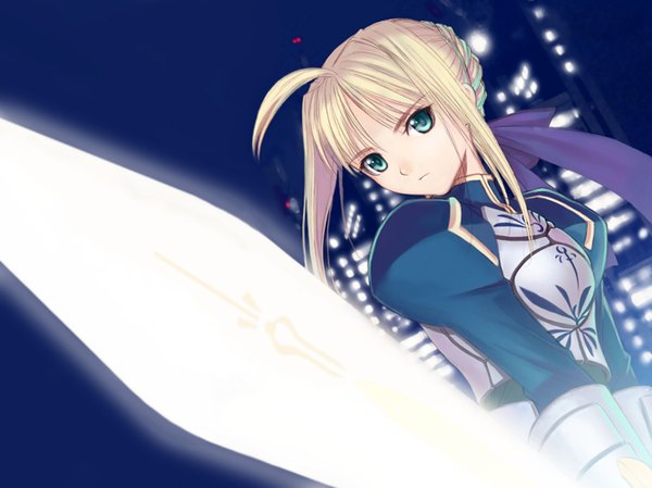 Anime picture 1334x1000 with fate (series) fate/stay night studio deen type-moon artoria pendragon (all) saber tony taka short hair blonde hair green eyes city lights girl ribbon (ribbons) hair ribbon sword armor