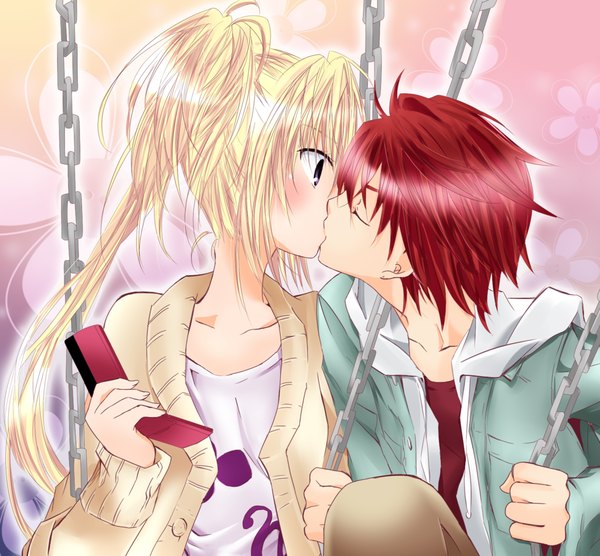 Anime picture 1024x949 with shugo chara! hoshina utau soma kukai kirakiraninja (artist) long hair blush blonde hair twintails purple eyes red hair eyes closed couple face to face kiss girl boy flower (flowers) chain phone swing