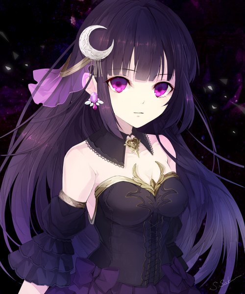 Anime picture 3500x4200 with kerberos blade sakuma shiki single long hair tall image looking at viewer fringe highres breasts purple eyes bare shoulders absurdres purple hair blunt bangs dark background lacing crescent hime cut girl hair ornament