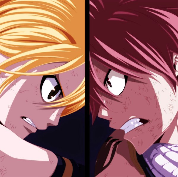Anime picture 1000x994 with fairy tail lucy heartfilia natsu dragneel eroishi long hair short hair blonde hair brown eyes pink hair profile tattoo sleeveless grin coloring close-up face multiview angry manga girl