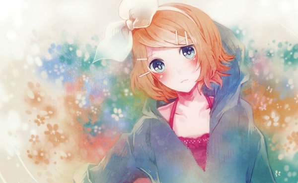 Anime picture 1154x712 with vocaloid kagamine rin chizu (sweet*cheese) single looking at viewer blush fringe short hair blonde hair wide image aqua eyes alternate costume girl hair ornament flower (flowers) jacket hairband bobby pin