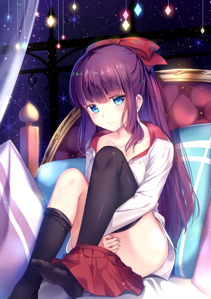 Anime picture 992x1403 with new game! doga kobo takimoto hifumi yan (nicknikg) single long hair tall image looking at viewer blush fringe blue eyes light erotic sitting payot purple hair bent knee (knees) blunt bangs long sleeves head tilt pleated skirt
