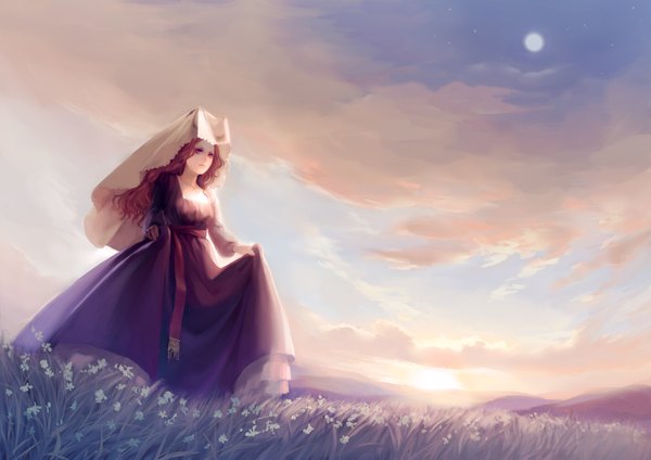 Anime picture 1500x1061 with original toraji (pixiv) single long hair brown hair purple eyes sky horn (horns) girl dress plant (plants) belt moon star (stars)