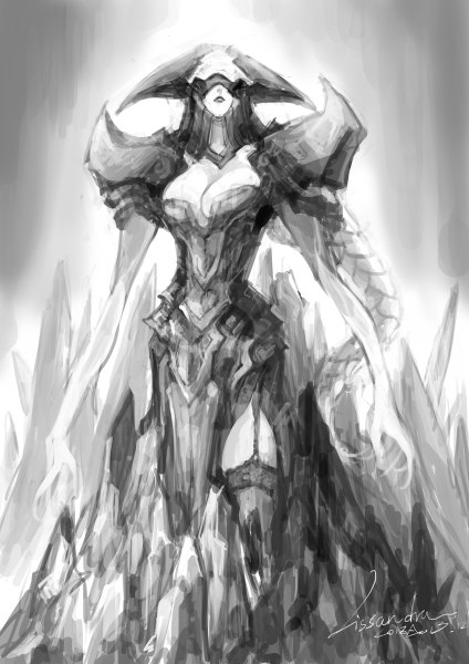 Anime picture 848x1200 with league of legends lissandra (league of legends) loiza single tall image breasts large breasts standing cleavage braid (braids) very long hair lips single braid monochrome girl thighhighs black thighhighs headdress armor garter straps