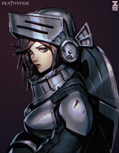 Anime picture 624x800 with paul (shiramune) single tall image looking at viewer fringe short hair blue eyes simple background brown hair lips realistic brown background girl armor helmet shield