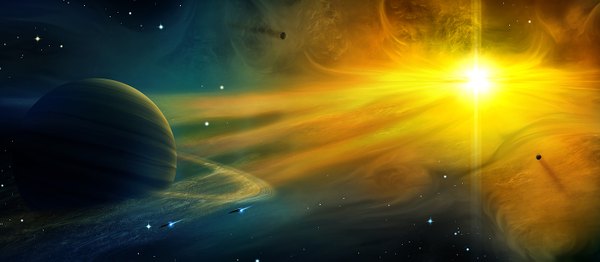Anime picture 1400x613 with original edlo (artist) wide image light no people scenic space star (stars) planet spacecraft