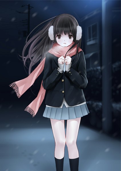 Anime picture 827x1169 with original chikuwa (odennabe) single long hair tall image looking at viewer black hair brown eyes night snowing winter exhalation girl skirt socks scarf black socks earmuffs