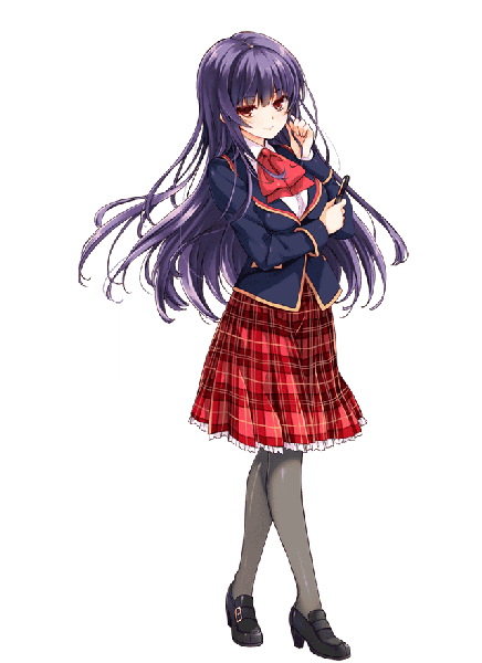 Anime picture 640x880 with girlfriend (kari) kagurazaka saya qp:flapper single long hair tall image looking at viewer fringe smile red eyes purple hair full body official art transparent background girl uniform school uniform pantyhose pen