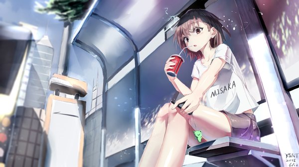 Anime picture 3840x2160 with to aru kagaku no railgun j.c. staff misaka mikoto gekota kentllaall single highres short hair open mouth brown hair wide image sitting holding brown eyes signed absurdres bent knee (knees) outdoors sunlight bare legs
