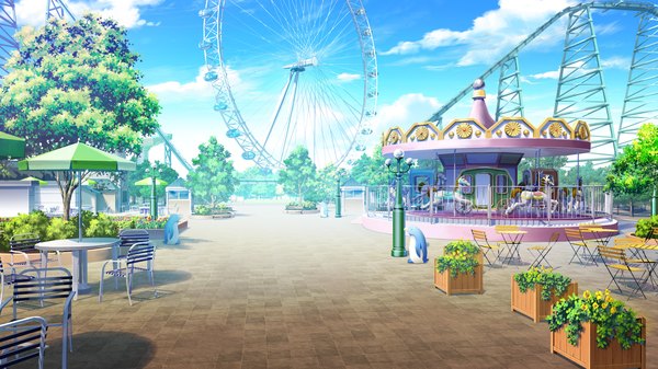 Anime picture 2050x1153 with love la bride highres wide image game cg plant (plants) tree (trees) umbrella chair table ferris wheel carousel amusement park roller coaster