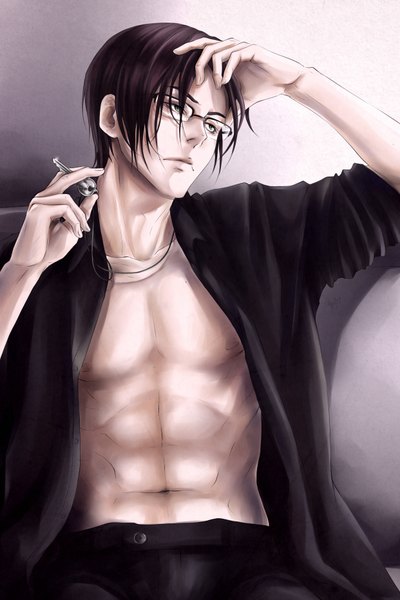 Anime picture 1242x1862 with original lorenamgrim single tall image short hair black hair simple background sitting green eyes nipples open clothes bare belly open shirt hand on head muscle boy navel shirt glasses pendant