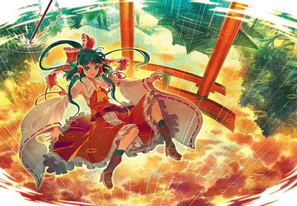 Anime picture 1436x1000 with touhou hakurei reimu zounose single long hair green eyes green hair rain girl dress bow hair bow detached sleeves water frills torii gohei