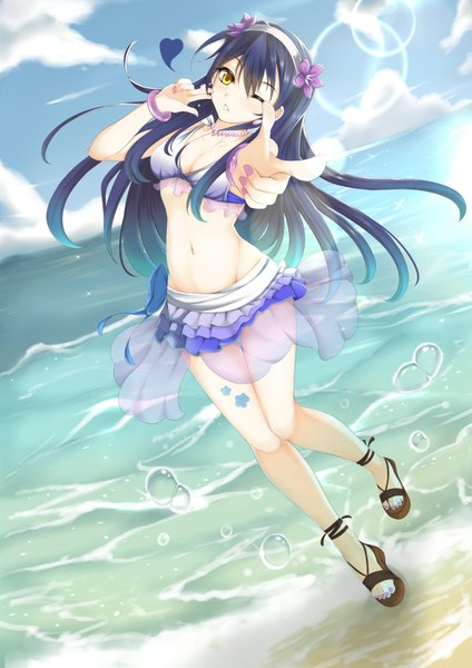 Anime picture 2480x3507 with love live! school idol project sunrise (studio) love live! sonoda umi genkung genjung single long hair tall image looking at viewer blush fringe highres breasts hair between eyes yellow eyes blue hair sky cloud (clouds) full body