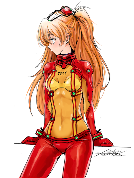 Anime picture 802x1065 with neon genesis evangelion rebuild of evangelion evangelion: 3.0 you can (not) redo gainax soryu asuka langley shikinami asuka langley naokado single long hair tall image blush blue eyes simple background white background looking away profile orange hair girl pilot suit