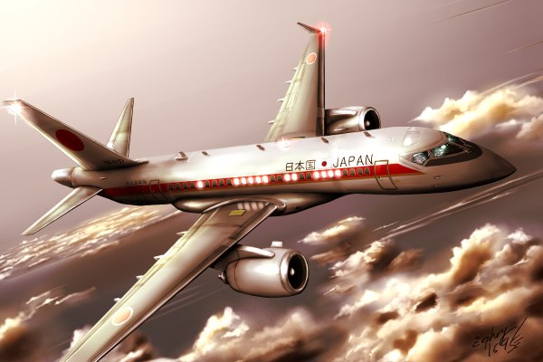 Anime picture 1200x800 with original zephyr164 signed sky cloud (clouds) flying landscape aircraft airplane