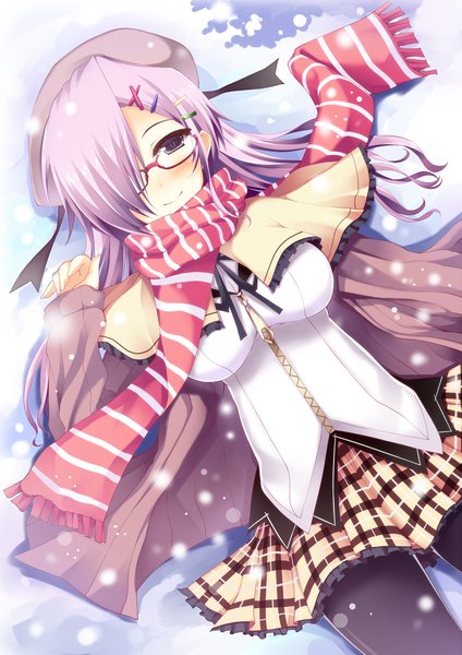 Anime picture 992x1403 with original kusano (torisukerabasu) single long hair tall image blush fringe smile purple eyes purple hair lying from above hair over one eye on back snowing winter girl skirt hat glasses