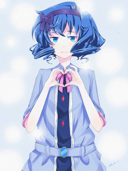 Anime picture 2625x3500 with karneval kiichi (karneval) tagme (artist) single tall image looking at viewer blush highres short hair blue eyes simple background standing light smile blue background heart hands girl hair ornament bow belt heart