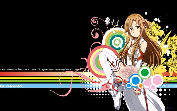 Anime picture 1920x1200 with sword art online a-1 pictures yuuki asuna single long hair highres brown hair wide image bare shoulders brown eyes girl thighhighs flower (flowers) white thighhighs