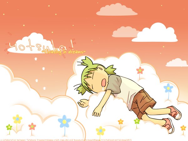 Anime picture 1600x1200 with yotsubato koiwai yotsuba signed cloud (clouds) green hair sleeping girl