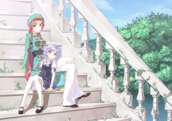 Anime picture 1600x1130 with touhou izayoi sakuya hong meiling hakui ami long hair short hair blue eyes smile sitting purple eyes multiple girls purple hair red hair braid (braids) twin braids chinese clothes alternate age younger girl dress