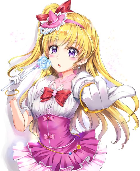 Anime picture 1000x1227 with precure mahou girls precure! toei animation asahina mirai cure miracle kamishiro ryuu single long hair tall image looking at viewer blush fringe open mouth simple background blonde hair white background purple eyes outstretched arm side ponytail magical girl