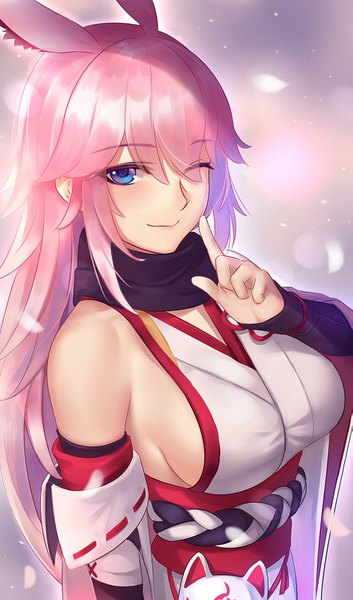 Anime picture 883x1500 with benghuai xueyuan honkai (series) yae sakura iandrea single long hair tall image looking at viewer fringe blue eyes light erotic smile hair between eyes animal ears pink hair traditional clothes japanese clothes one eye closed wink no bra