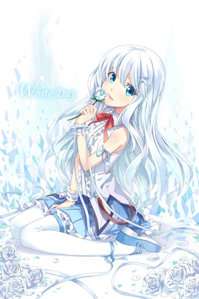Anime picture 1000x1500 with the personification of atmosphere kuuki shoujo hika (cross-angel) single long hair tall image looking at viewer open mouth blue eyes white hair borrowed character girl thighhighs dress flower (flowers) petals white thighhighs