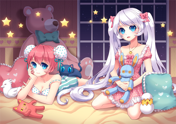 Anime picture 1000x707 with original saban long hair looking at viewer short hair blue eyes twintails multiple girls pink hair white hair girl dress 2 girls star (symbol) toy stuffed animal