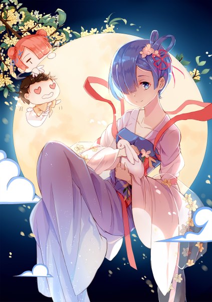 Anime picture 874x1240 with re:zero kara hajimeru isekai seikatsu white fox rem (re:zero) ram (re:zero) natsuki subaru chang'e amicis (amisic) tall image looking at viewer fringe short hair blue eyes simple background smile brown hair multiple girls holding blue hair pink hair cloud (clouds)