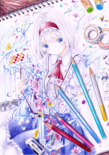 Anime picture 1130x1600 with touhou alice margatroid darkkanan single tall image blush fringe short hair blue eyes sitting looking away white hair blunt bangs light smile alternate costume traditional media painting colored pencil (medium) girl flower (flowers)