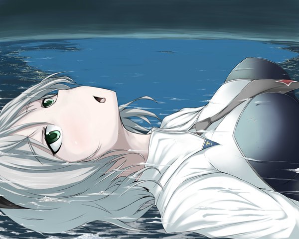 Anime picture 3840x3072 with strike witches sanya v. litvyak terada ochiko highres short hair open mouth green eyes animal ears absurdres cloud (clouds) white hair giant girl shirt water necktie sea