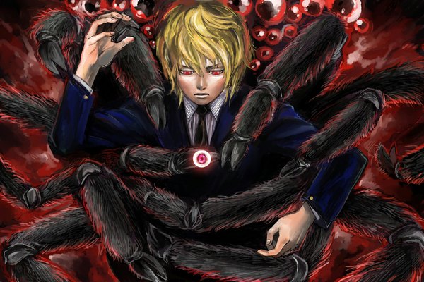 Anime picture 1000x667 with hunter x hunter kurapica elien single fringe short hair blonde hair hair between eyes red eyes eyes boy necktie suit spider