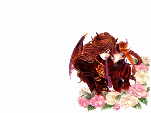 Anime picture 1280x960 with seisen no iberia sound horizon shaytan layla chiyo (pixiv) long hair open mouth simple background smile red eyes brown hair white background brown eyes ponytail eyes closed horn (horns) orange hair tattoo couple wavy hair