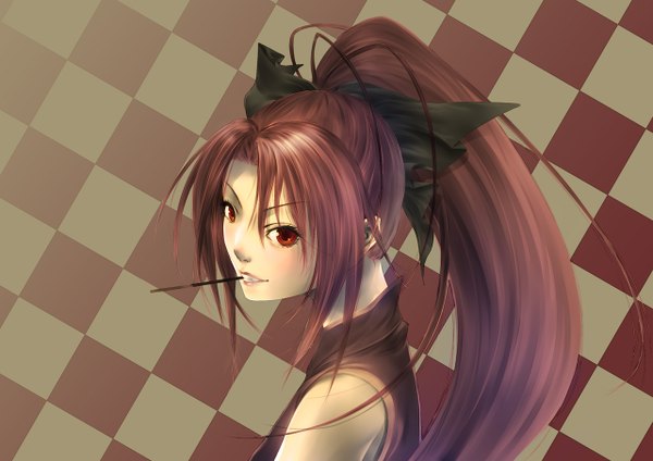 Anime picture 1280x906 with mahou shoujo madoka magica shaft (studio) sakura kyouko single long hair red eyes ahoge ponytail red hair mouth hold checkered background girl bow hair bow sweets pocky