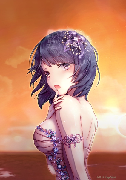Anime picture 563x800 with original wrt single tall image looking at viewer blush fringe short hair breasts open mouth large breasts purple eyes bare shoulders signed purple hair looking back hair flower sunlight finger to mouth evening