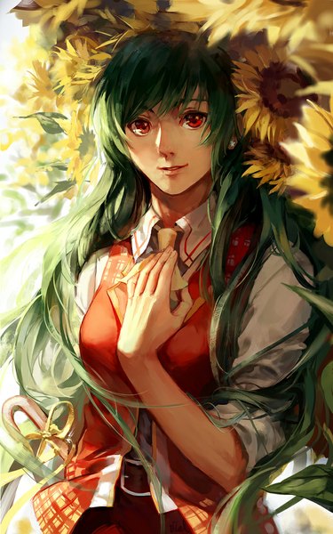 Anime picture 700x1120 with touhou kazami yuuka untitiled single long hair tall image looking at viewer fringe smile red eyes standing green hair alternate hairstyle alternate hair length girl flower (flowers) earrings belt leaf (leaves) sunflower
