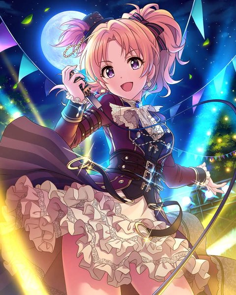 Anime picture 640x800 with idolmaster idolmaster cinderella girls kiryuu tsukasa (idolmaster) single tall image looking at viewer short hair blonde hair twintails purple eyes holding outdoors head tilt arm up wind night sparkle from below night sky short twintails