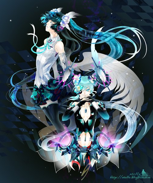 Anime picture 1200x1437 with vocaloid vocaloid append hatsune miku hatsune miku (append) stells tall image fringe multiple girls very long hair aqua eyes hair over one eye aqua hair angel wings dual persona checkered girl thighhighs black thighhighs 2 girls detached sleeves