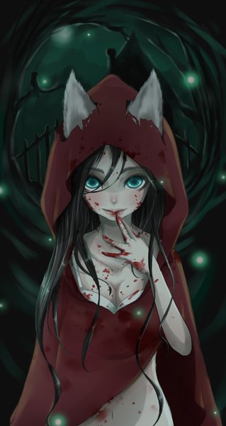 Anime picture 1000x1881 with little red riding hood little red riding hood (character) huak single long hair tall image looking at viewer blush blue eyes black hair smile animal ears bare belly finger to mouth wolf ears bloody clothes blood stains girl navel hood