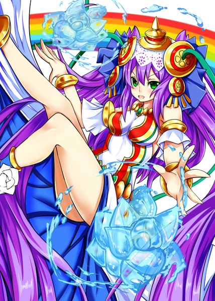 Anime picture 2500x3500 with puzzle & dragons lakshmi (p&d) cuizilan single tall image blush fringe highres breasts open mouth green eyes purple hair very long hair legs magic girl bracelet clothes rainbow