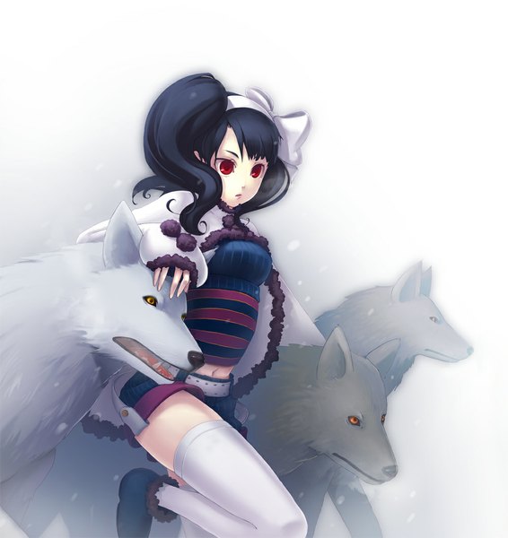 Anime picture 1000x1059 with original yuuta (pixiv189294) long hair tall image black hair red eyes snowing winter girl thighhighs dress bow hair bow animal white thighhighs wolf