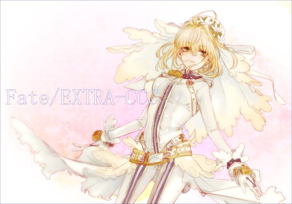 Anime picture 1333x931 with fate (series) fate/extra fate/extra ccc type-moon nero claudius (fate) (all) nero claudius (bride) (fate) single long hair simple background blonde hair standing white background green eyes hair flower inscription pink background girl gloves uniform hair ornament