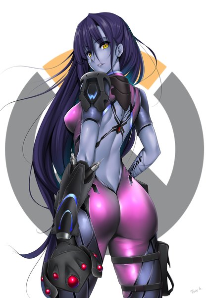 Anime picture 875x1250 with overwatch blizzard entertainment widowmaker (overwatch) tony guisado single long hair tall image fringe breasts light erotic simple background hair between eyes standing white background holding signed yellow eyes purple hair ass parted lips