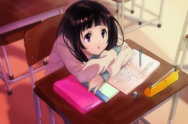 Anime picture 1500x995 with hyouka kyoto animation chitanda eru ancomomomo long hair black hair purple eyes girl uniform school uniform desk notebook