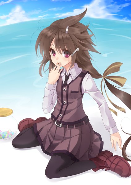 Anime picture 2480x3507 with kisaichi jin single long hair tall image blush highres brown hair sitting cloud (clouds) ponytail pink eyes girl skirt water food shoes sweets sea