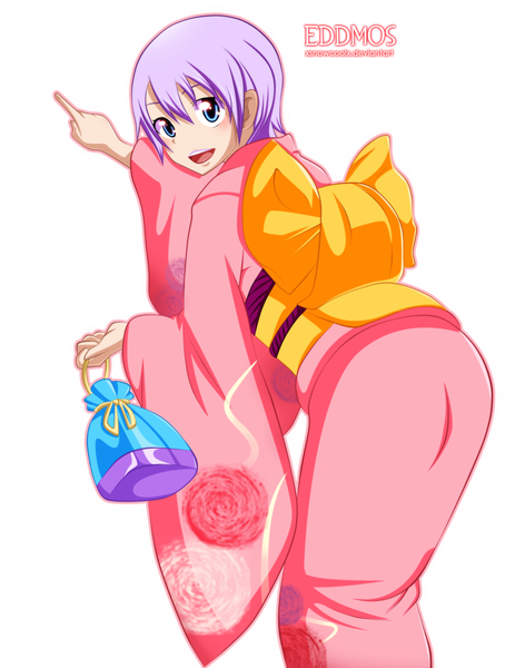 Anime picture 1280x1659 with fairy tail lisanna strauss xsnowcoolx single tall image short hair open mouth blue eyes smile pink hair traditional clothes japanese clothes looking back coloring transparent background pointing girl bow belt kimono