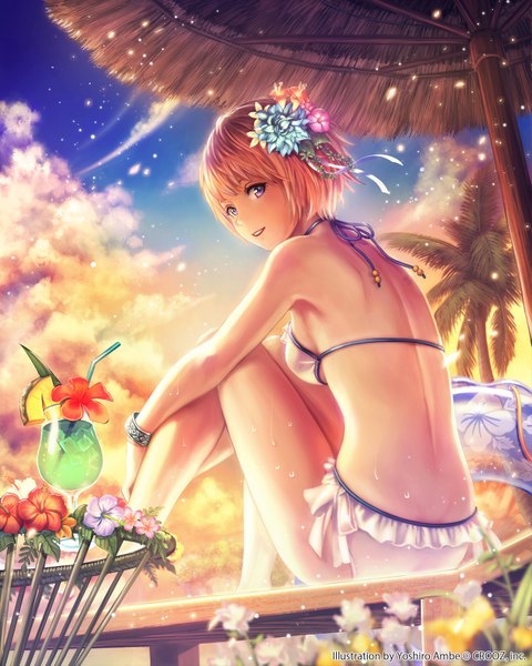 Anime picture 1281x1600 with shinma x keishou! ragnabreak original anbe yoshirou single tall image short hair blonde hair sitting purple eyes sky cloud (clouds) looking back hair flower wet leg hug girl hair ornament flower (flowers) swimsuit plant (plants)