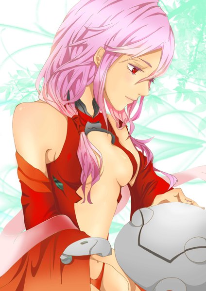 Anime picture 2480x3508 with guilty crown production i.g yuzuriha inori ryuuketsu meruhen long hair tall image highres breasts light erotic red eyes bare shoulders pink hair profile bare belly center opening girl detached sleeves bodysuit bikini top