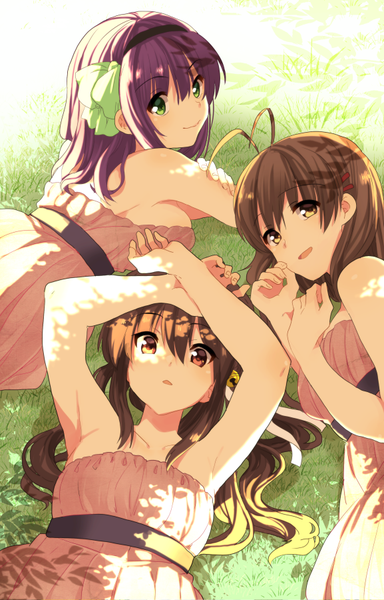 Anime picture 577x900 with clannad angel beats! little busters! key (studio) furukawa nagisa natsume rin nakamura yuri takumi (scya) long hair tall image looking at viewer fringe short hair breasts open mouth smile brown hair bare shoulders multiple girls green eyes