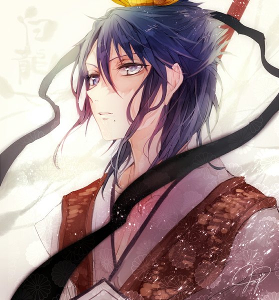 Anime picture 1000x1075 with magi the labyrinth of magic a-1 pictures ren hakuryuu japu (pu san love) single tall image purple eyes looking away purple hair traditional clothes scar boy ribbon (ribbons) headdress